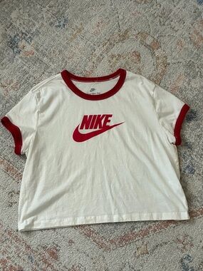 Vintage Nike White Baby Tee with Red Logo and Trim-Size L-